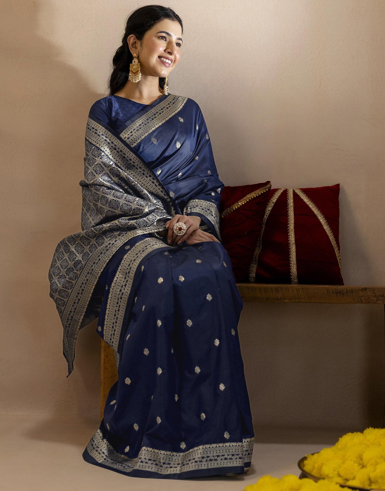 Navy Blue Silk Woven Banarasi Saree