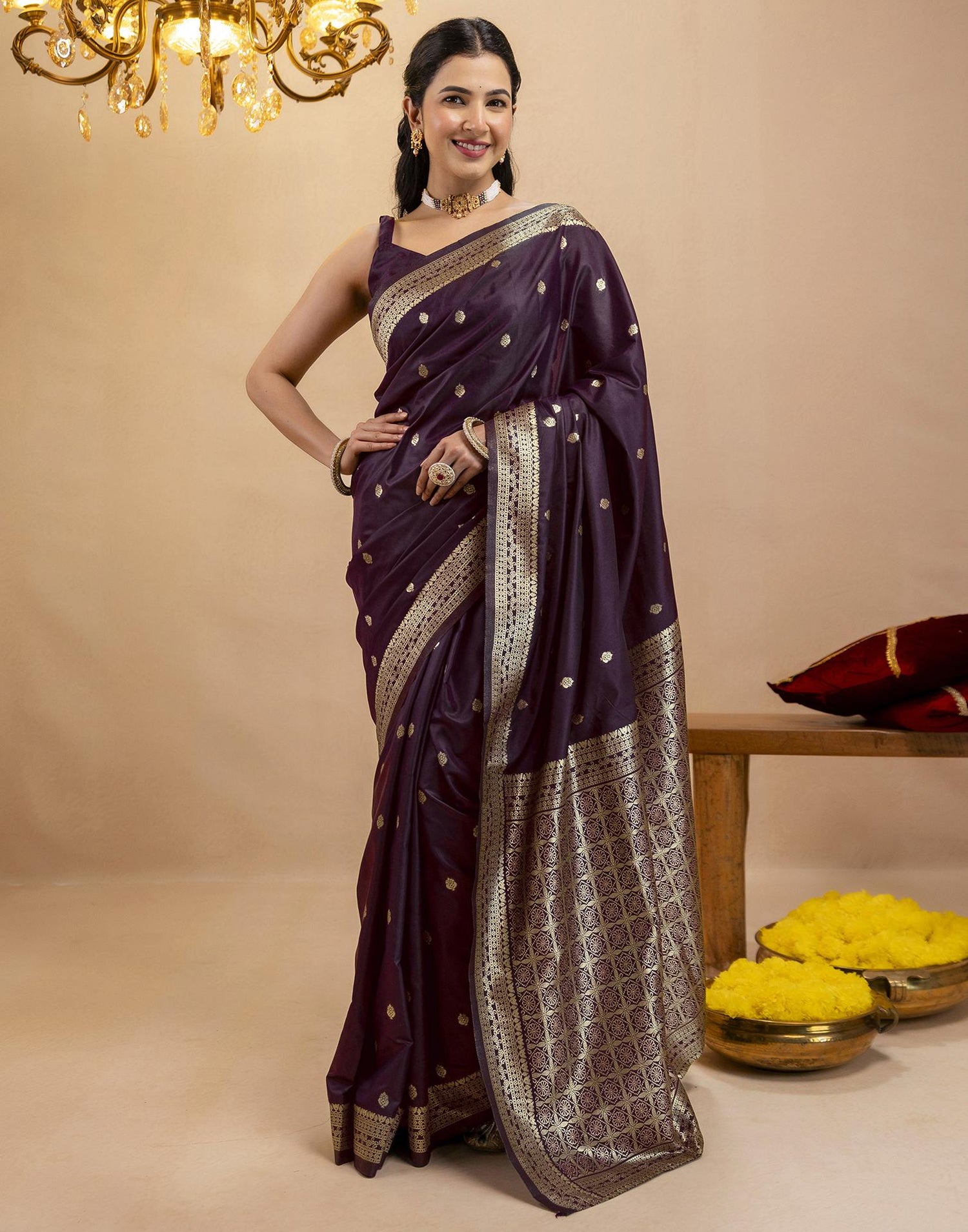 Dark Purple Silk Woven Banarasi Saree
