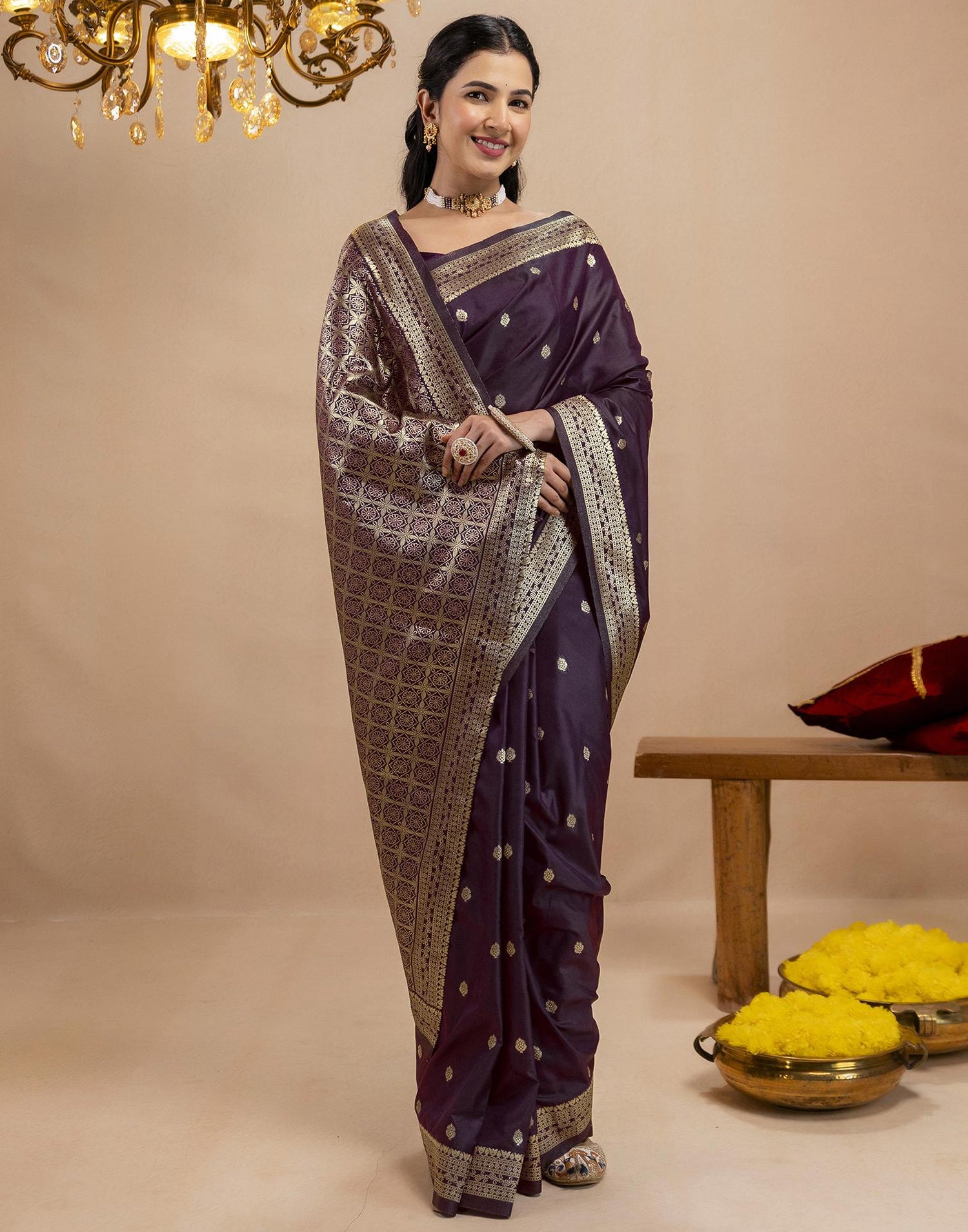Dark Purple Silk Woven Banarasi Saree