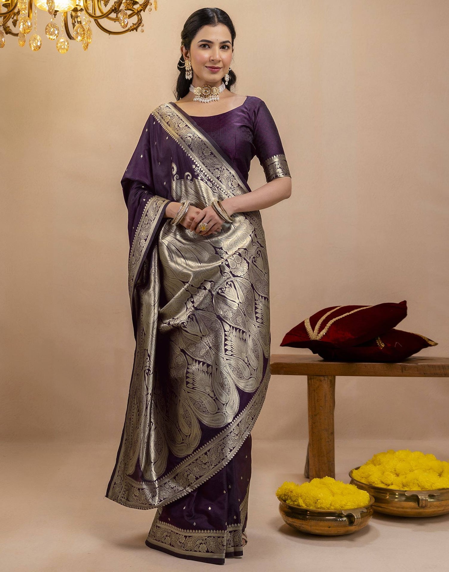 Dark Purple Silk Woven Banarasi Saree