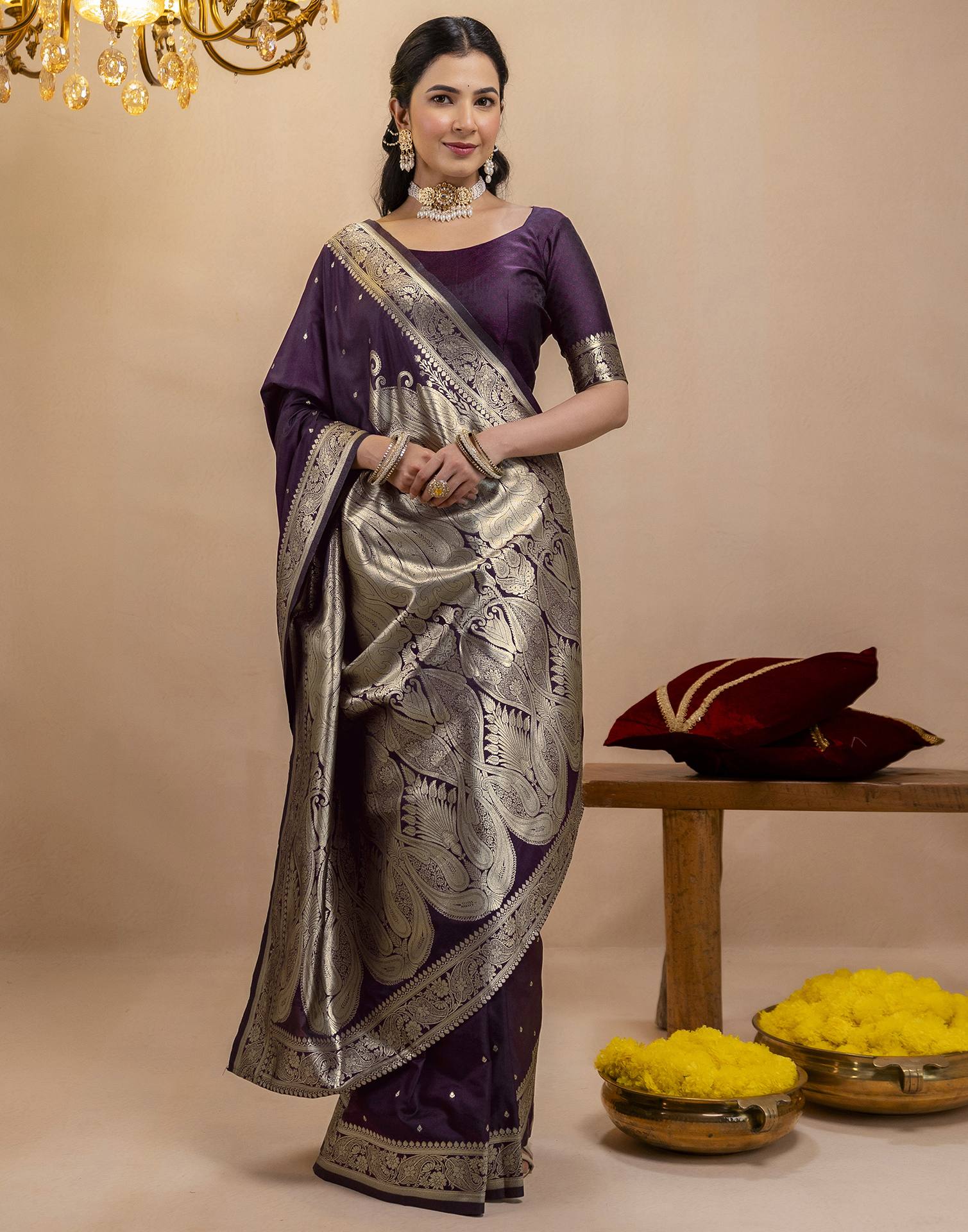 Dark Purple Silk Woven Banarasi Saree