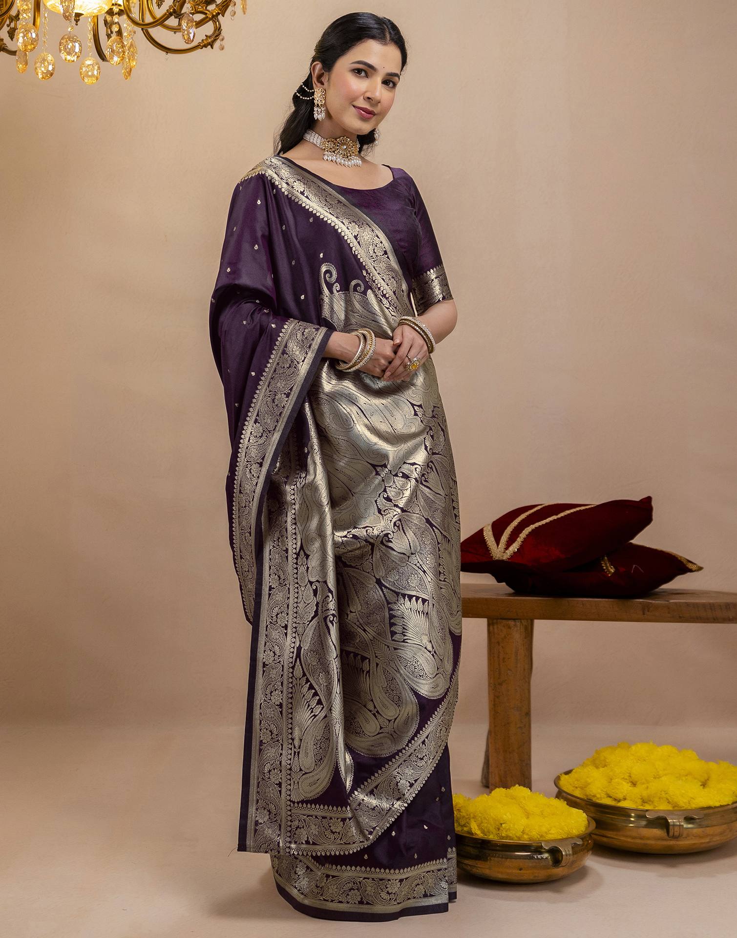 Dark Purple Silk Woven Banarasi Saree