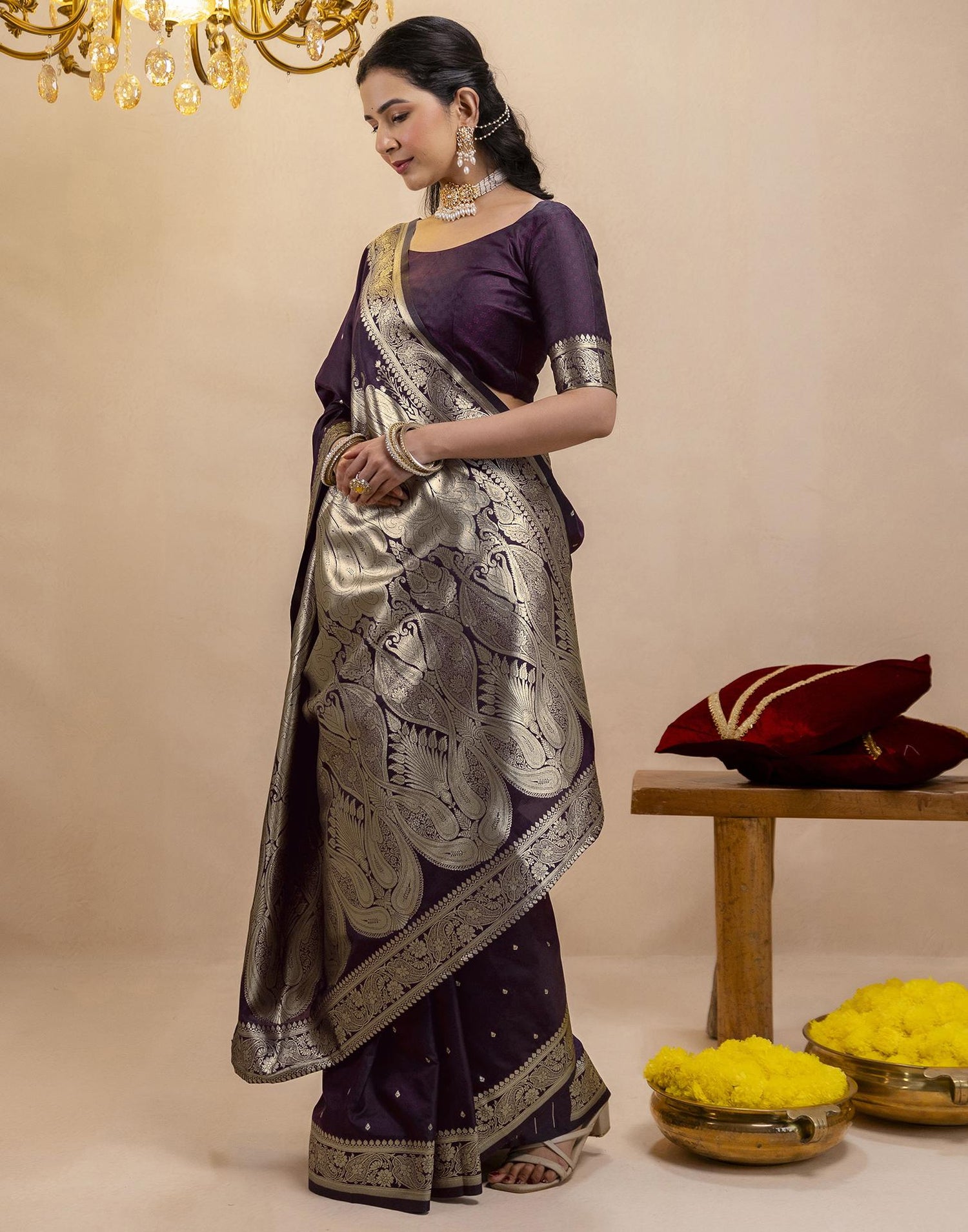 Dark Purple Silk Woven Banarasi Saree