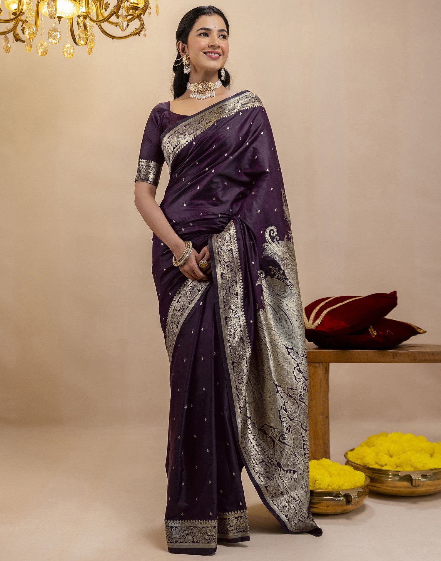 Dark Purple Silk Woven Banarasi Saree