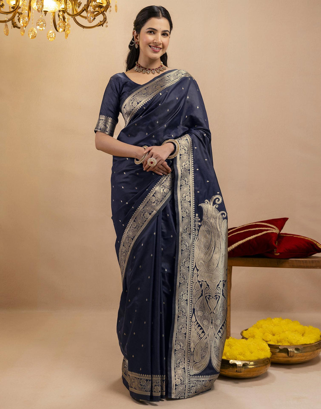 Navy Blue Silk Woven Banarasi Saree