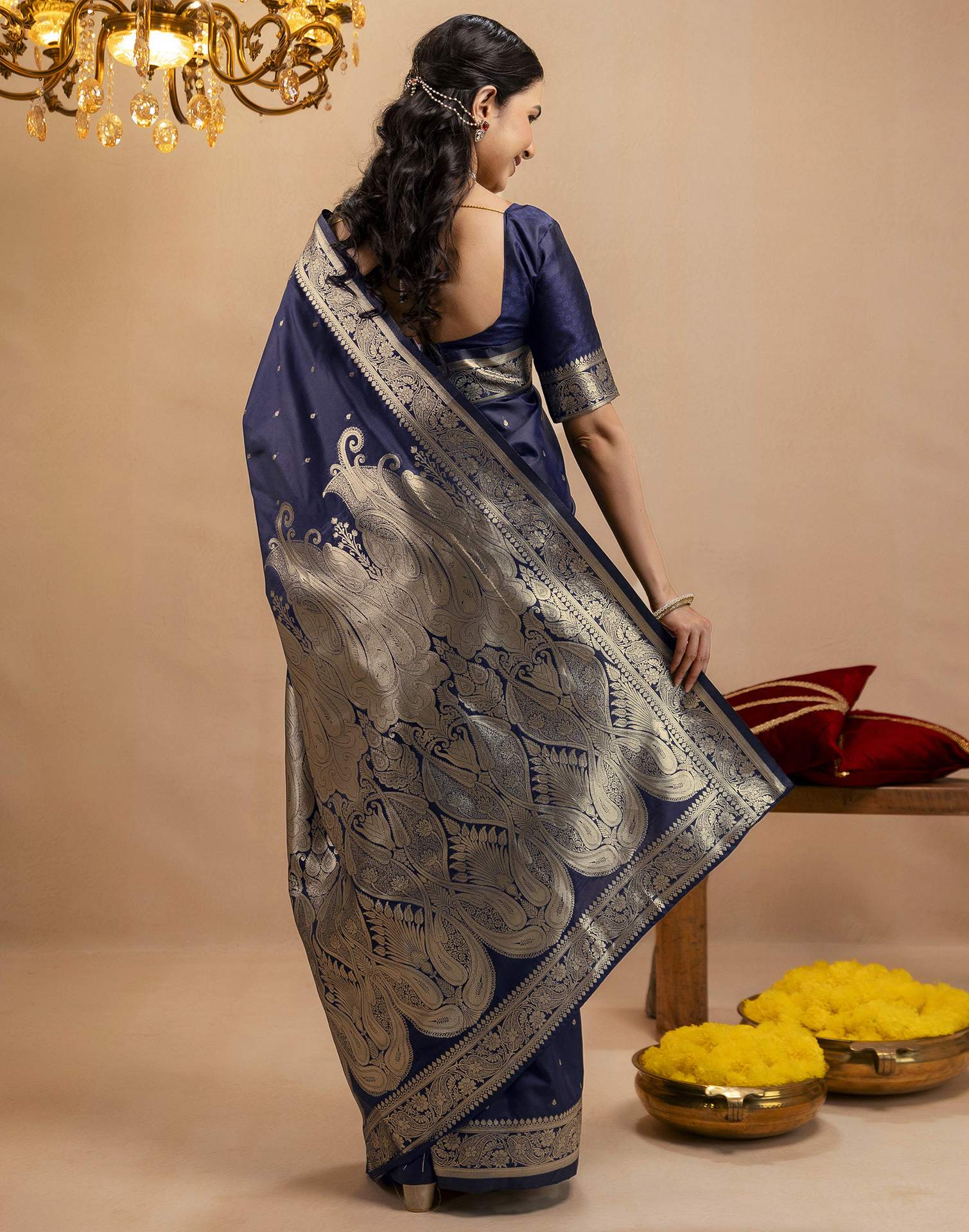 Navy Blue Silk Woven Banarasi Saree