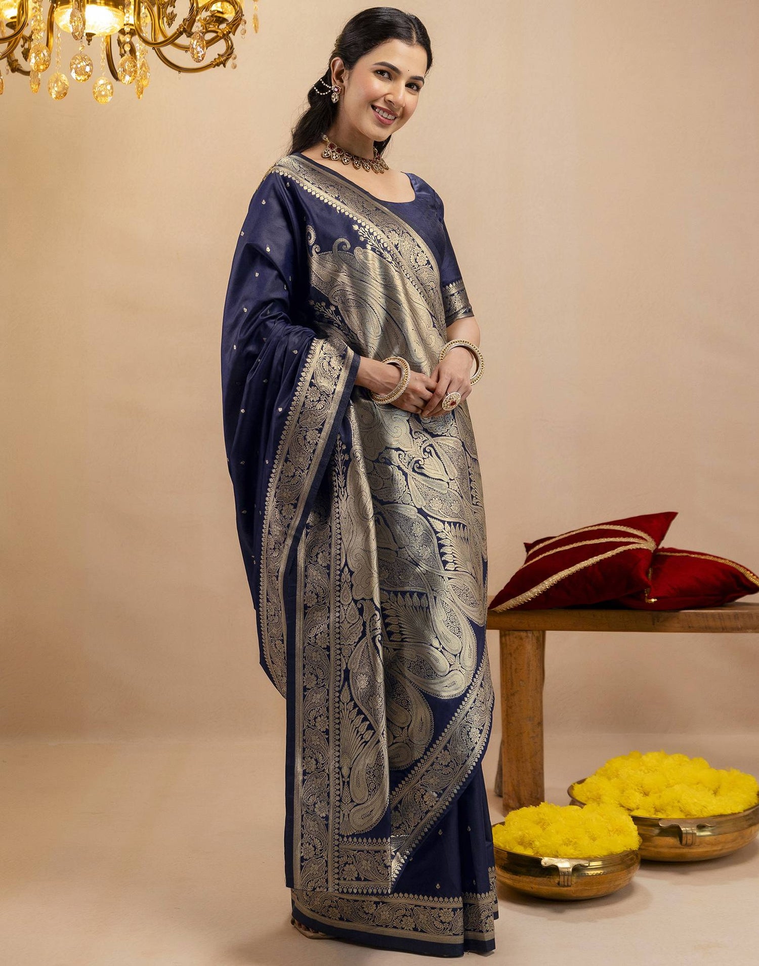 Navy Blue Silk Woven Banarasi Saree