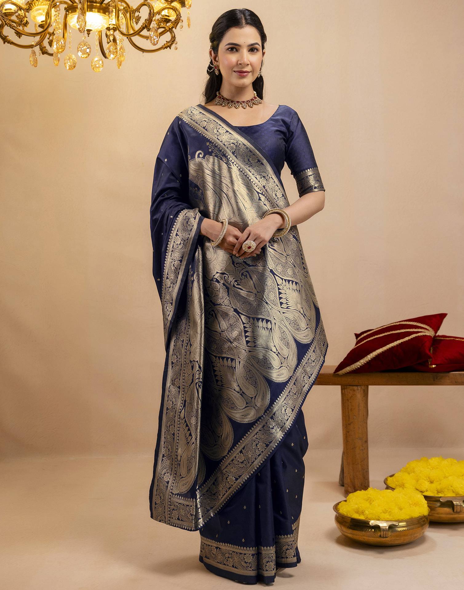 Navy Blue Silk Woven Banarasi Saree