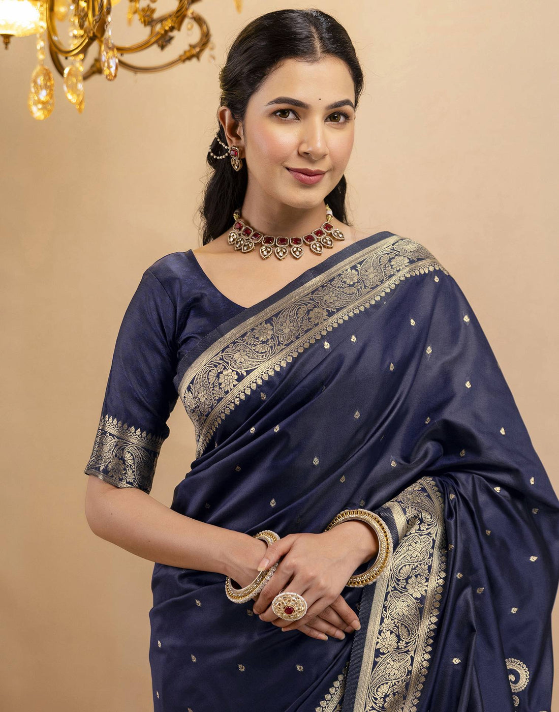 Navy Blue Silk Woven Banarasi Saree