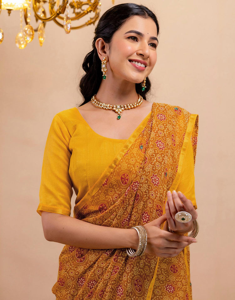 Dark Mustard Yellow Chiffon Printed Saree