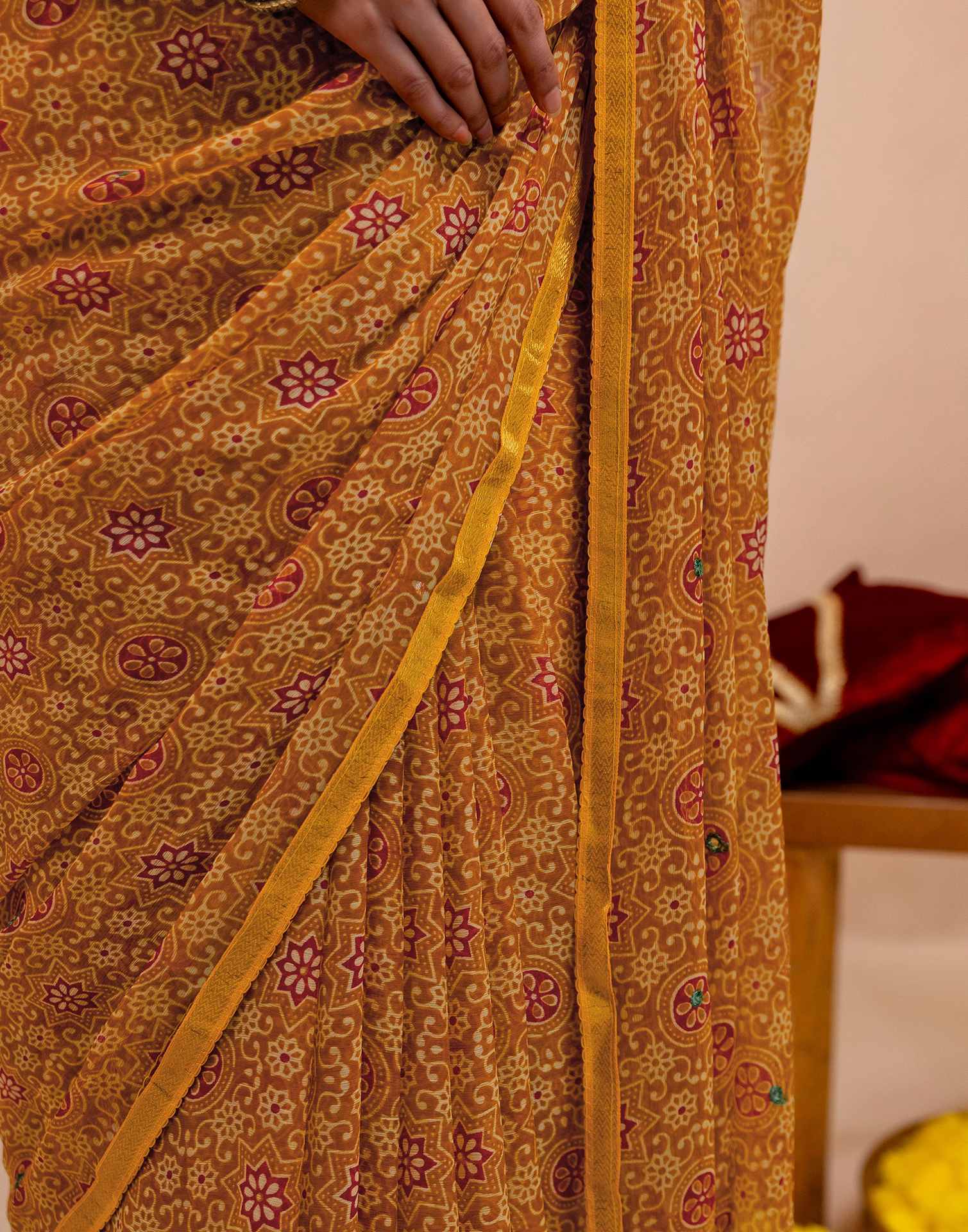 Dark Mustard Yellow Chiffon Printed Saree