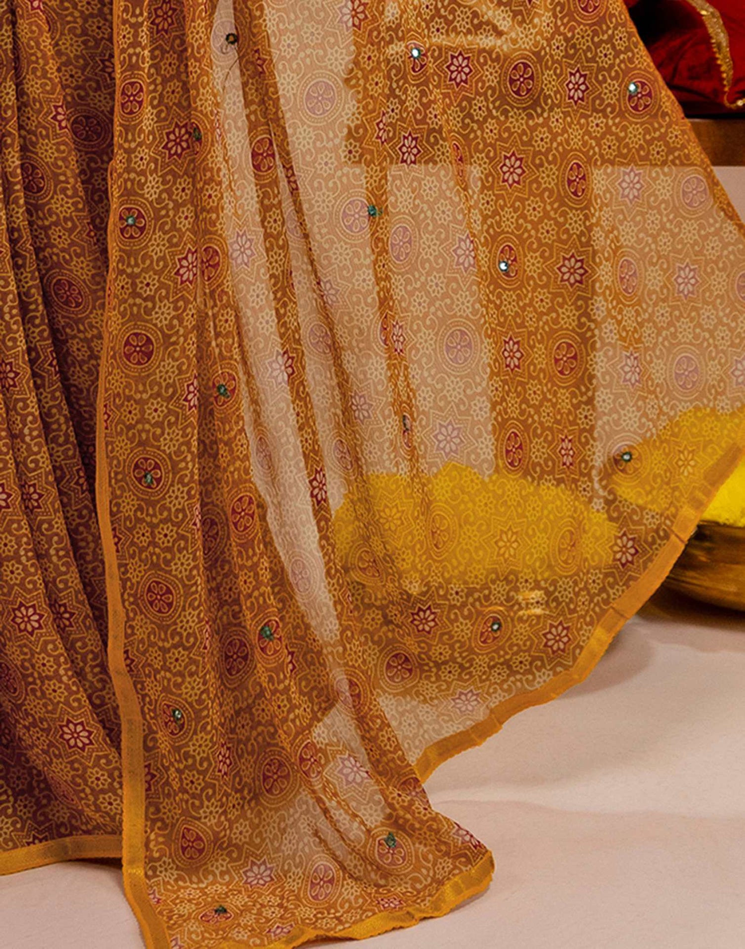 Dark Mustard Yellow Chiffon Printed Saree