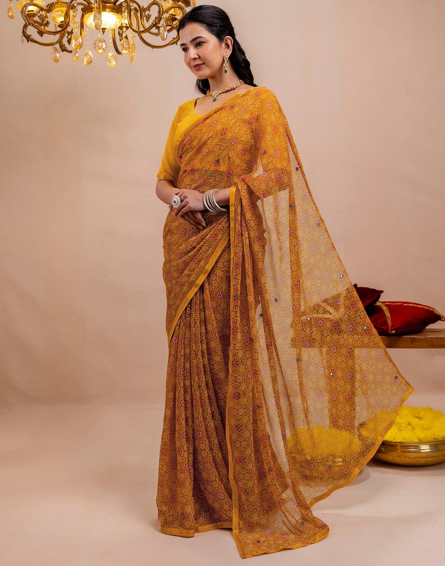 Dark Mustard Yellow Chiffon Printed Saree