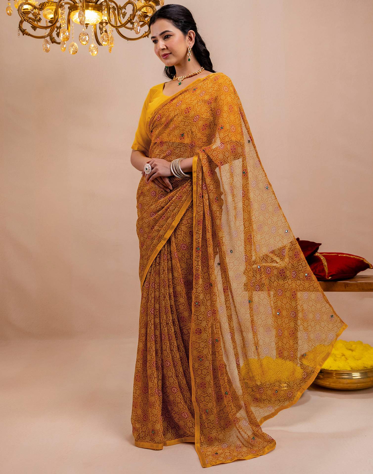 Dark Mustard Yellow Chiffon Printed Saree