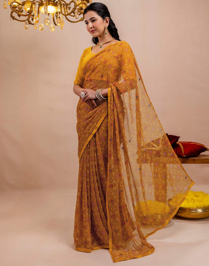 Dark Mustard Yellow Chiffon Printed Saree