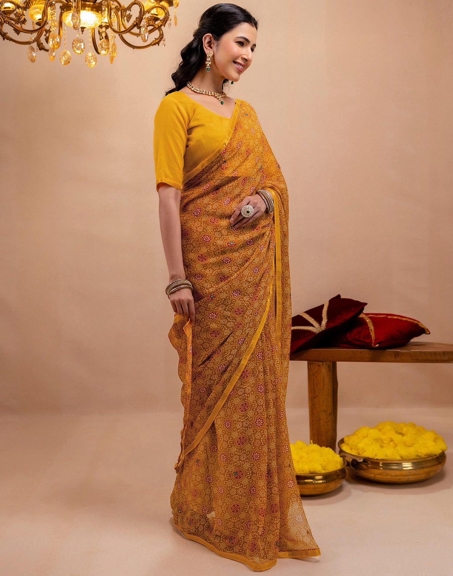 Dark Mustard Yellow Chiffon Printed Saree