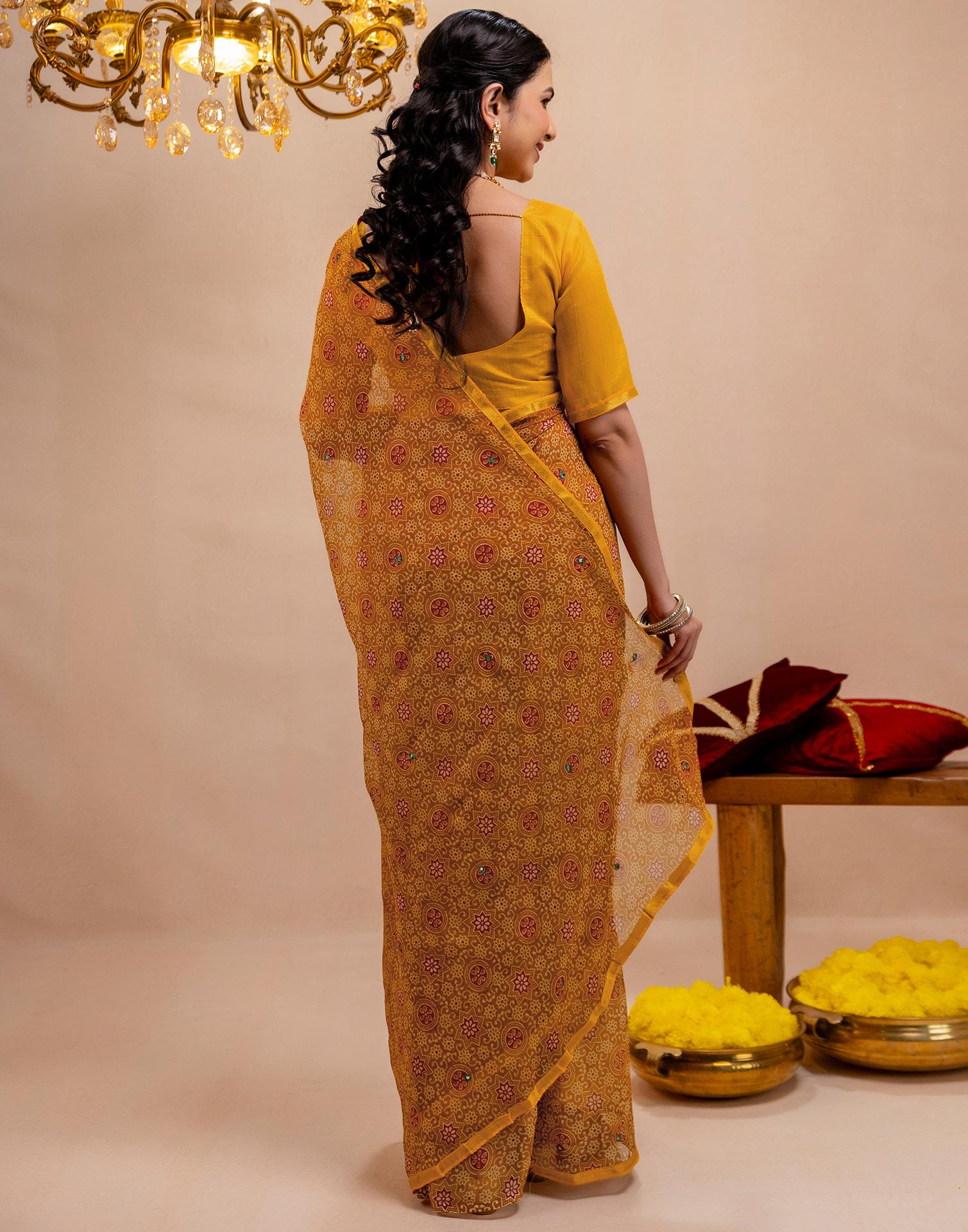 Dark Mustard Yellow Chiffon Printed Saree