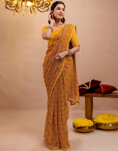 Dark Mustard Yellow Chiffon Printed Saree