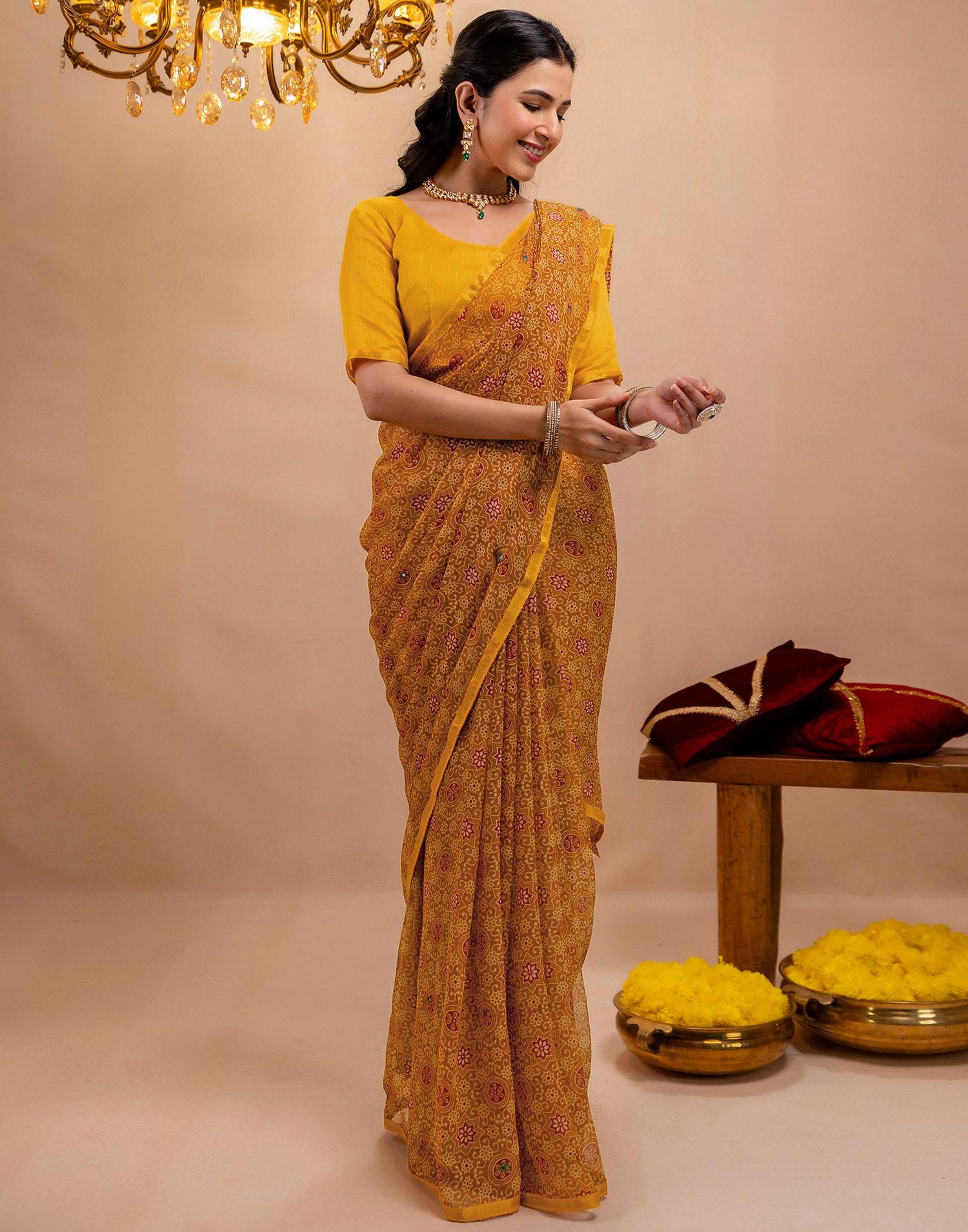 Dark Mustard Yellow Chiffon Printed Saree