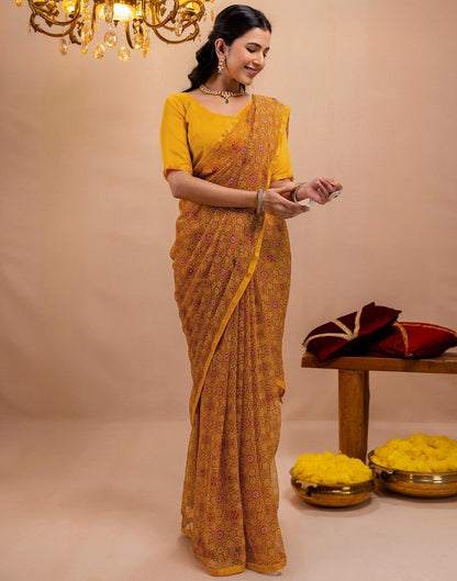 Dark Mustard Yellow Chiffon Printed Saree