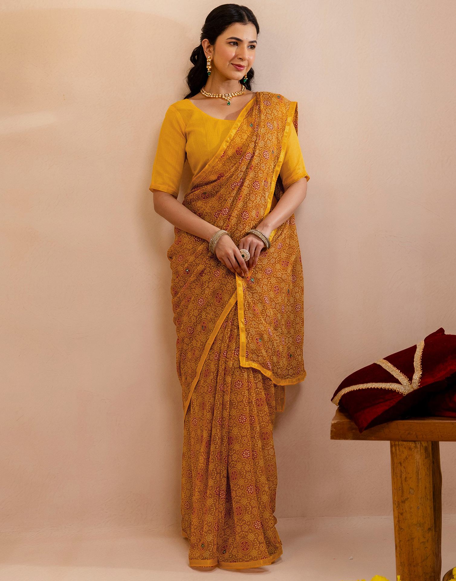 Dark Mustard Yellow Chiffon Printed Saree