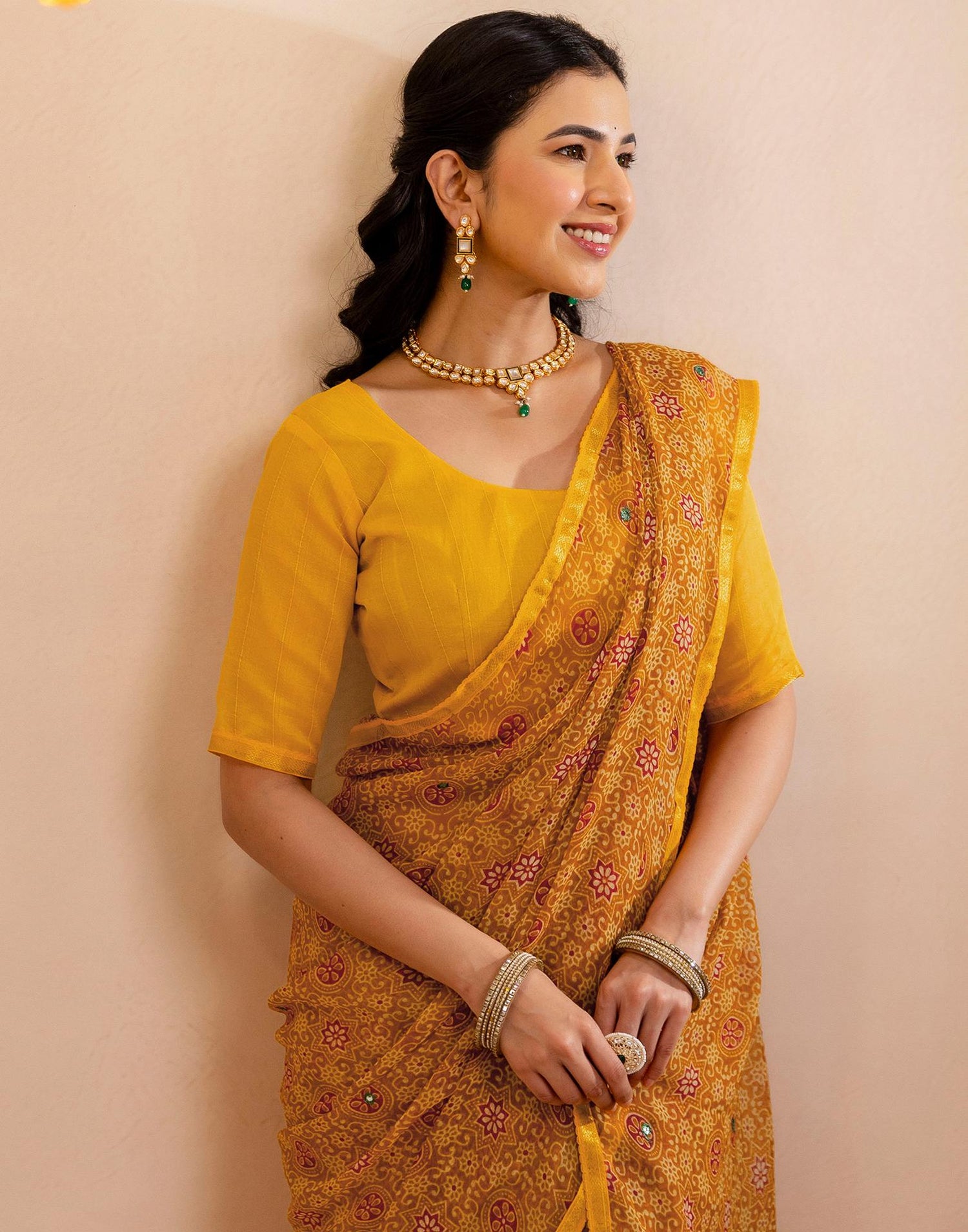 Dark Mustard Yellow Chiffon Printed Saree