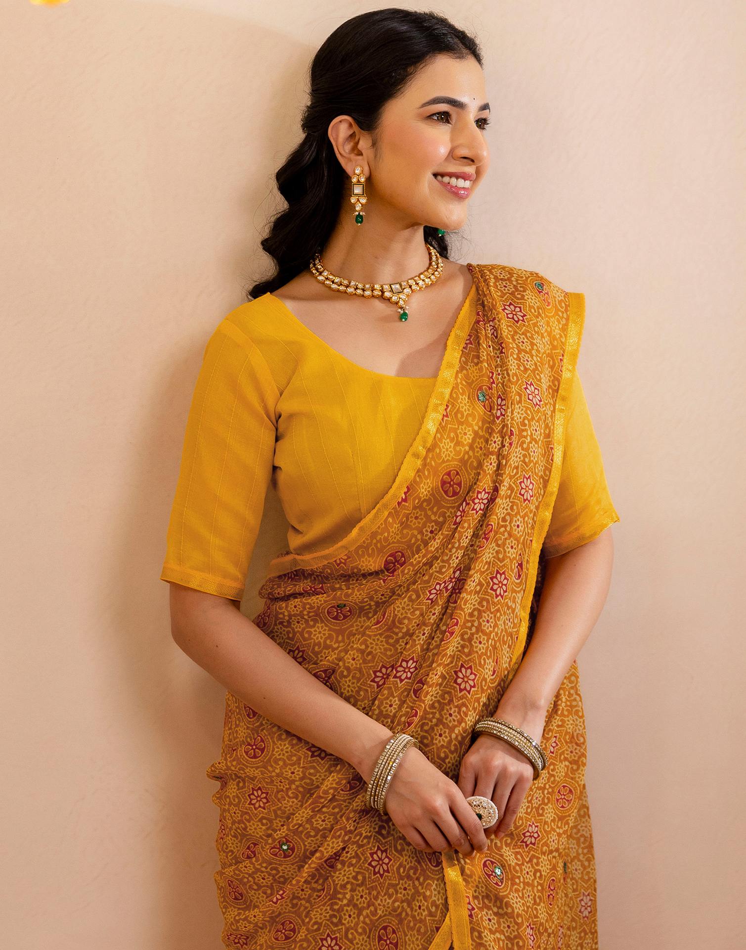 Dark Mustard Yellow Chiffon Printed Saree
