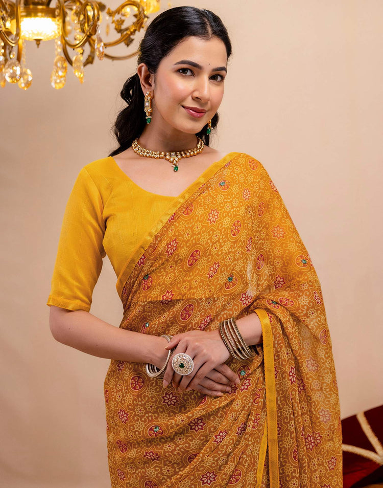 Dark Mustard Yellow Chiffon Printed Saree