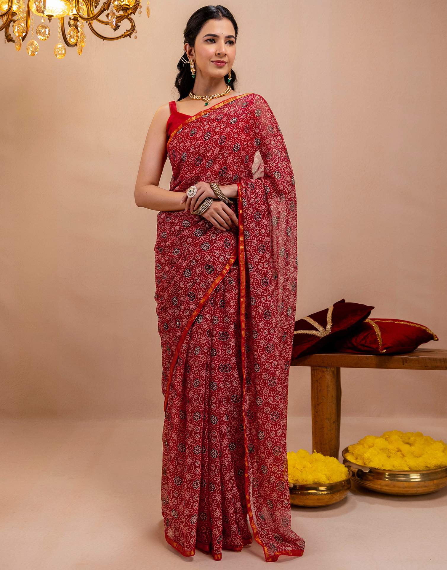 Red Chiffon Printed Saree