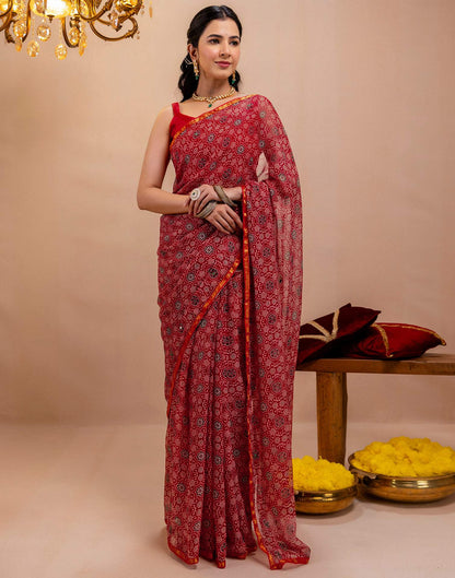 Red Chiffon Printed Saree