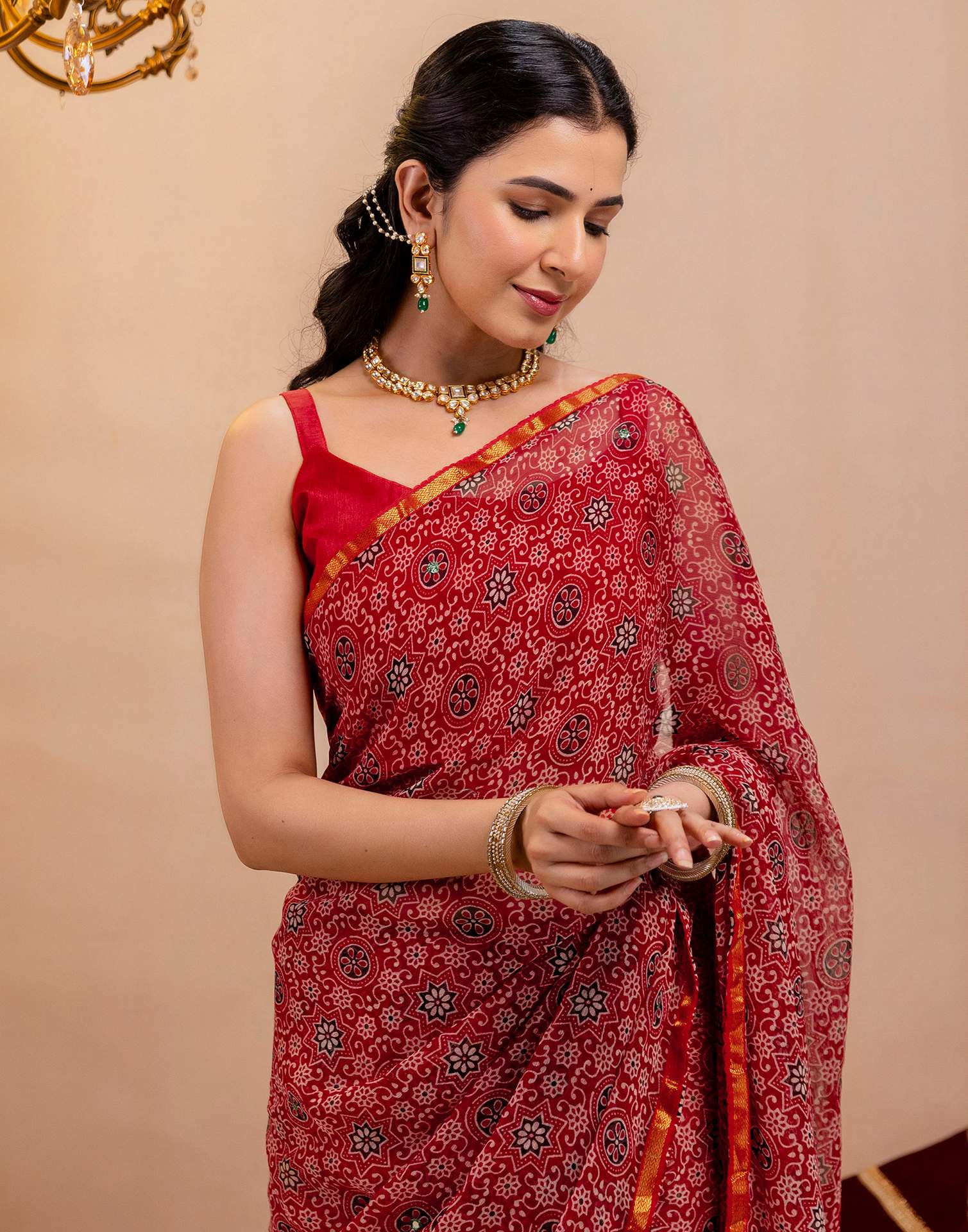 Red Chiffon Printed Saree