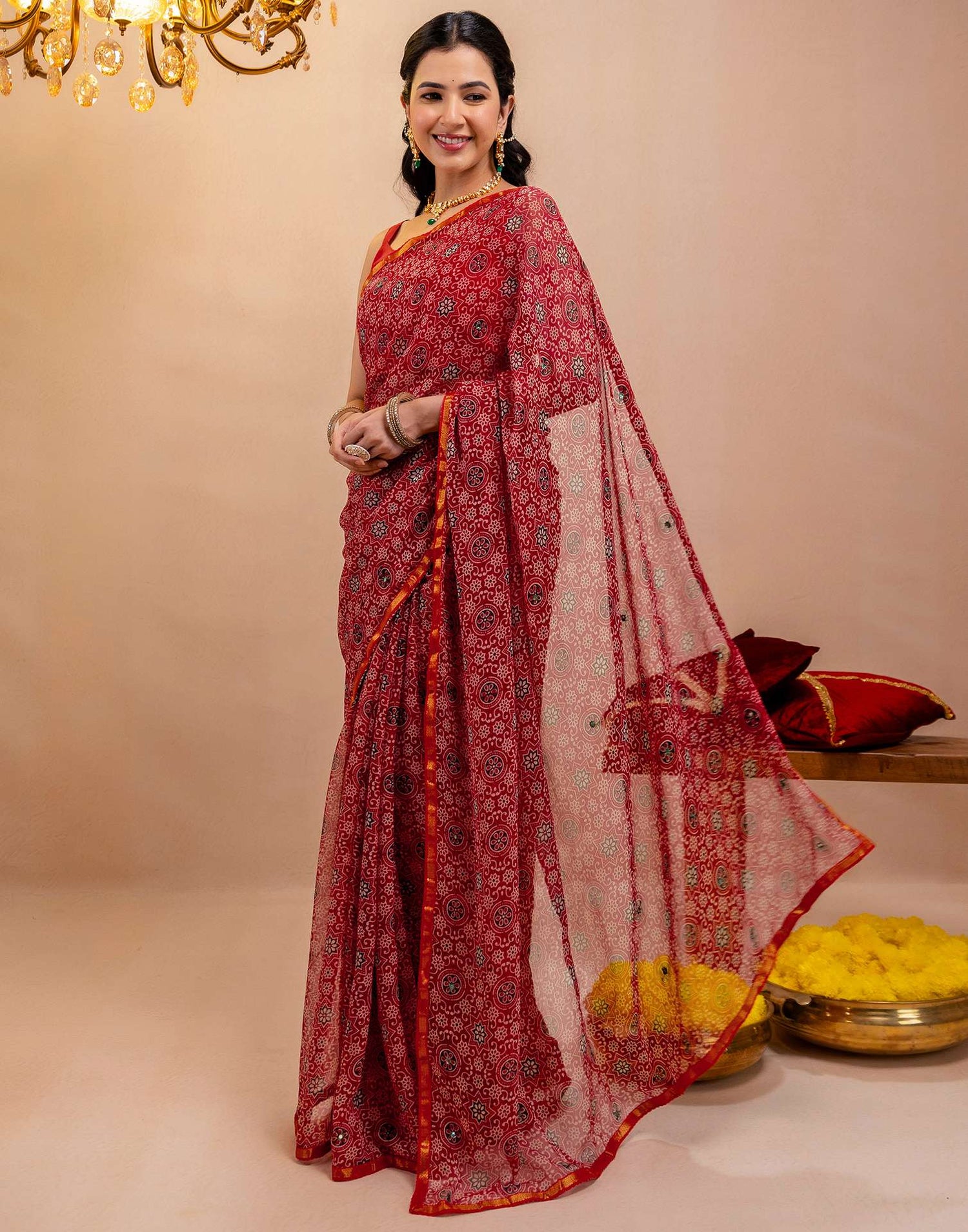 Red Chiffon Printed Saree