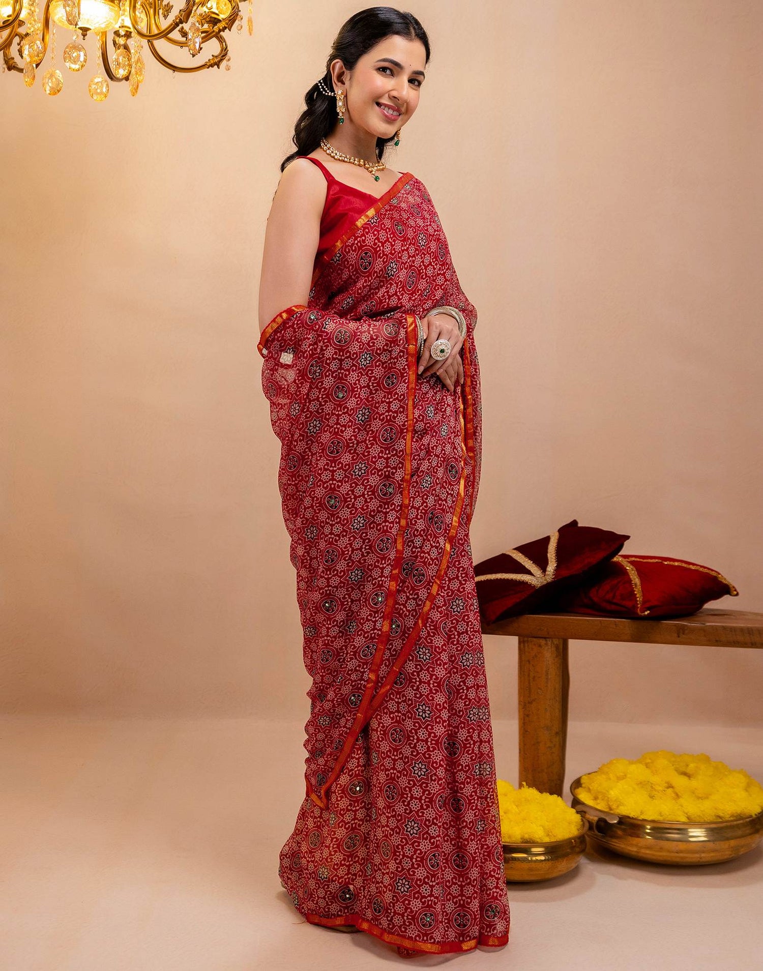 Red Chiffon Printed Saree