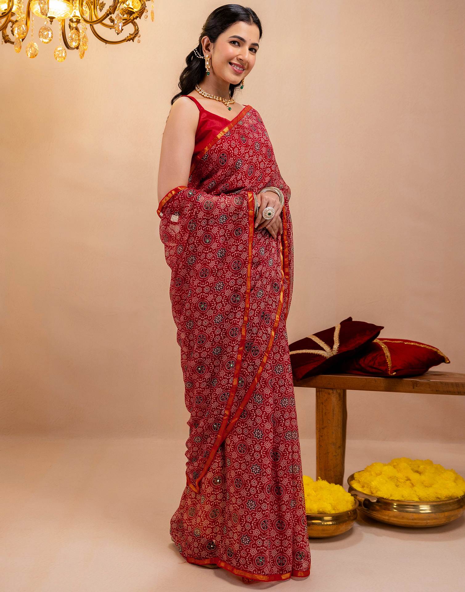 Red Chiffon Printed Saree