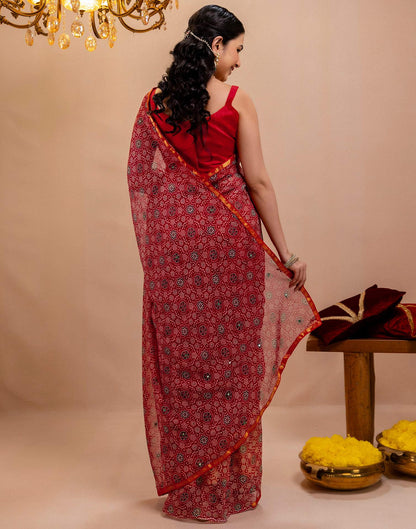 Red Chiffon Printed Saree