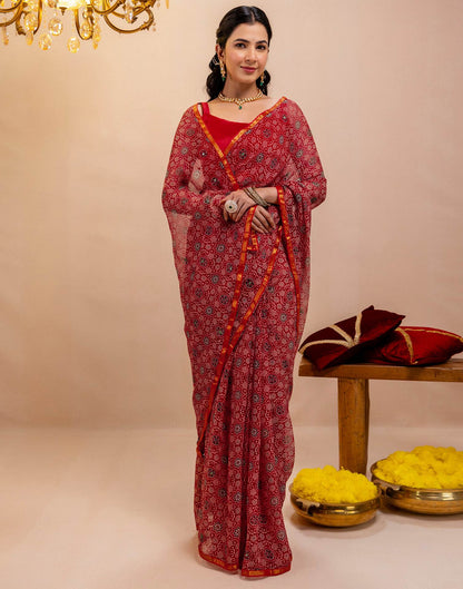 Red Chiffon Printed Saree