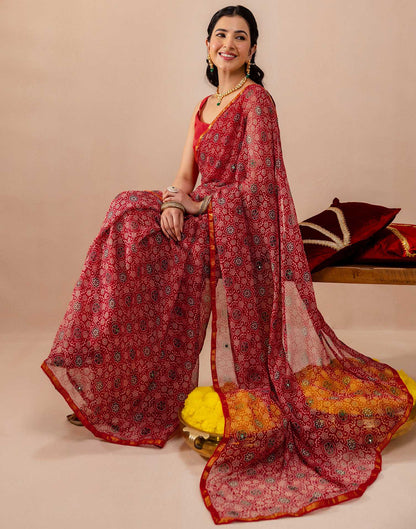 Red Chiffon Printed Saree