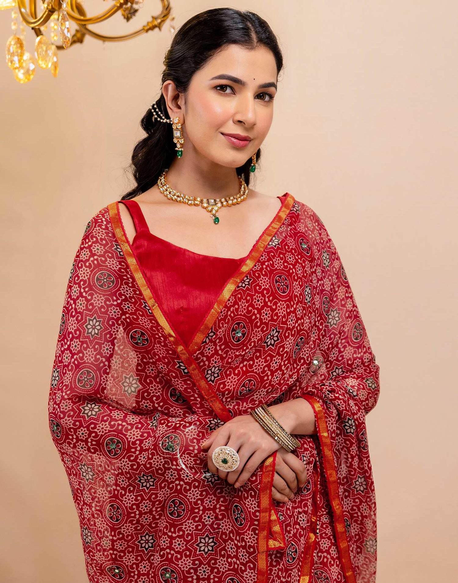 Red Chiffon Printed Saree