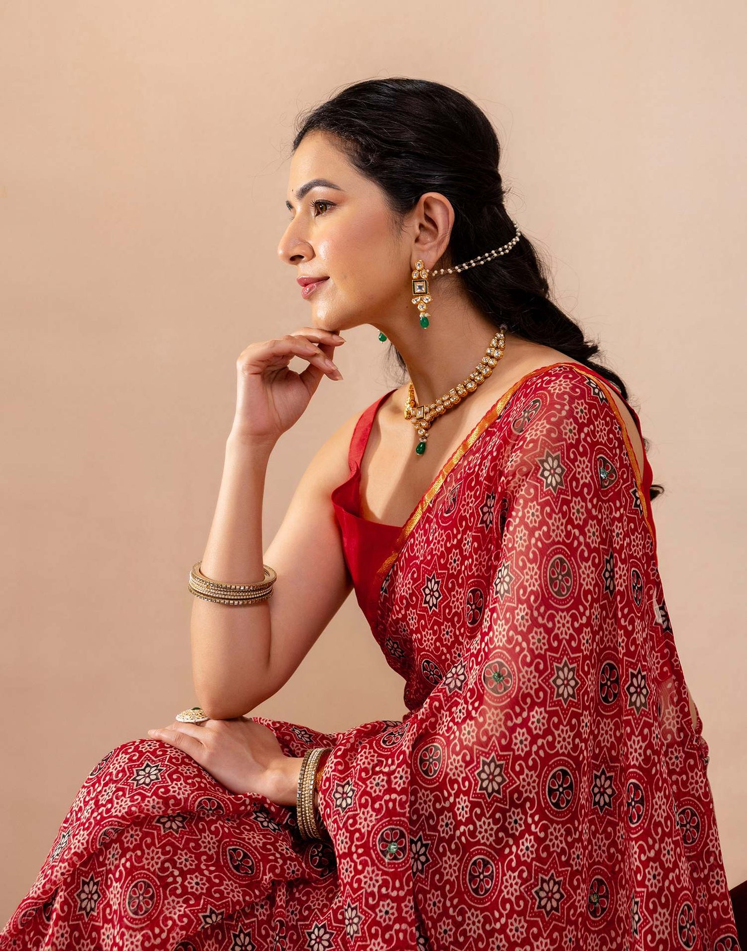 Red Chiffon Printed Saree