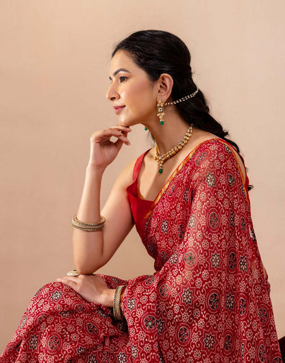 Red Chiffon Printed Saree