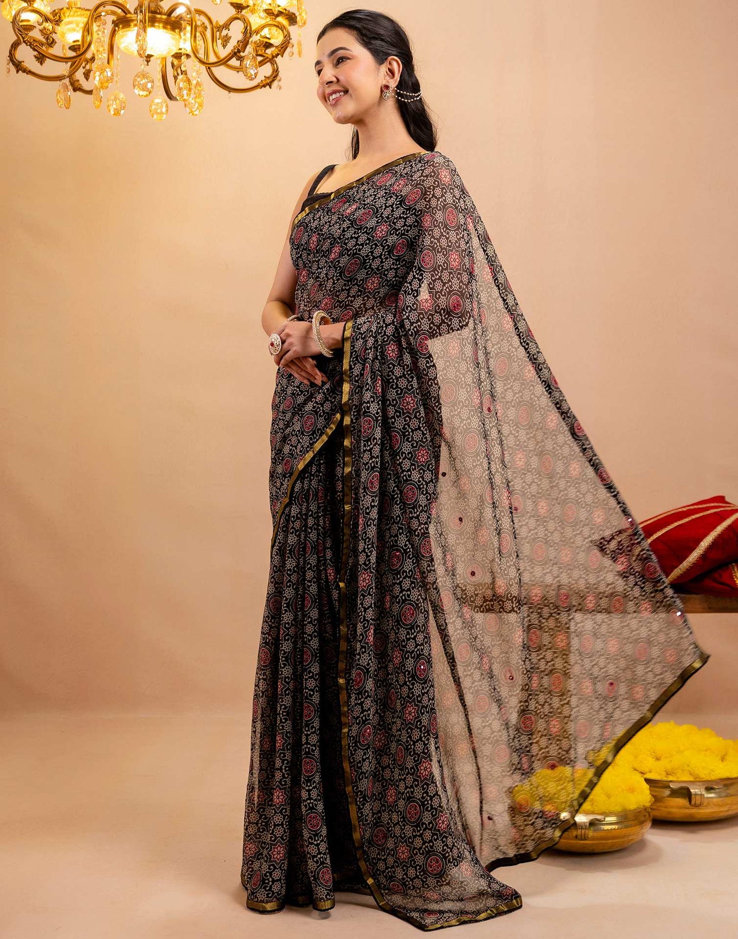 Black Chiffon Printed Saree