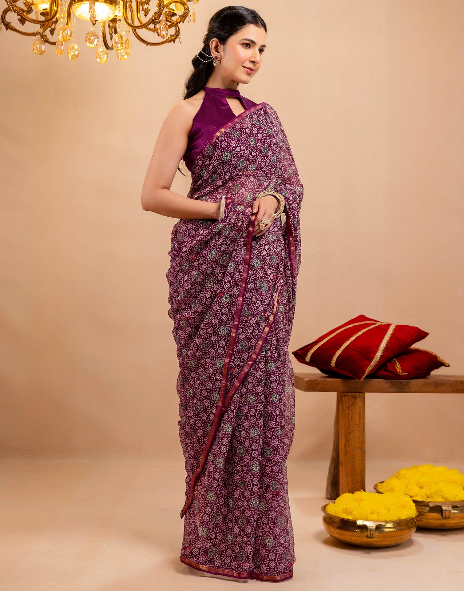 Purple Chiffon Printed Saree
