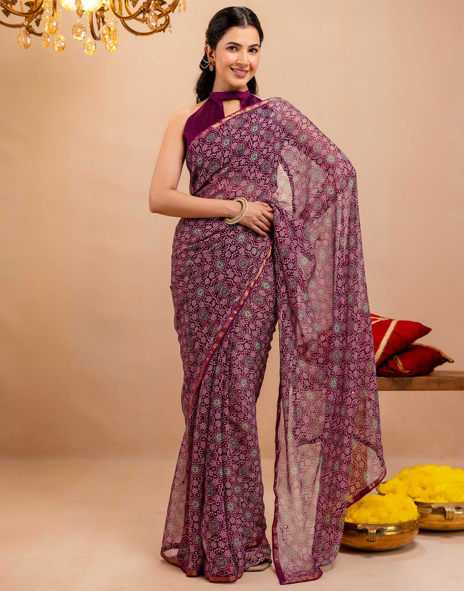 Purple Chiffon Printed Saree