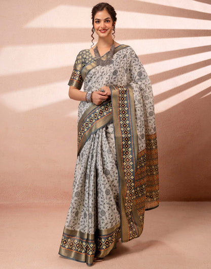 Off White Cotton Silk Printed Woven Border Saree