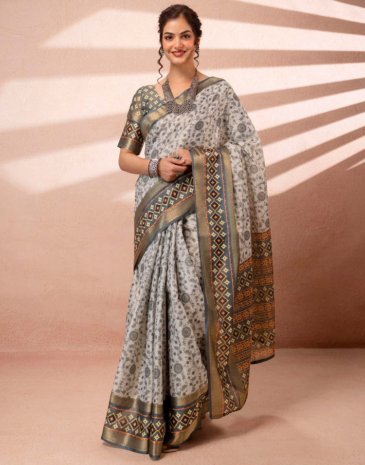 Off White Cotton Silk Printed Woven Border Saree