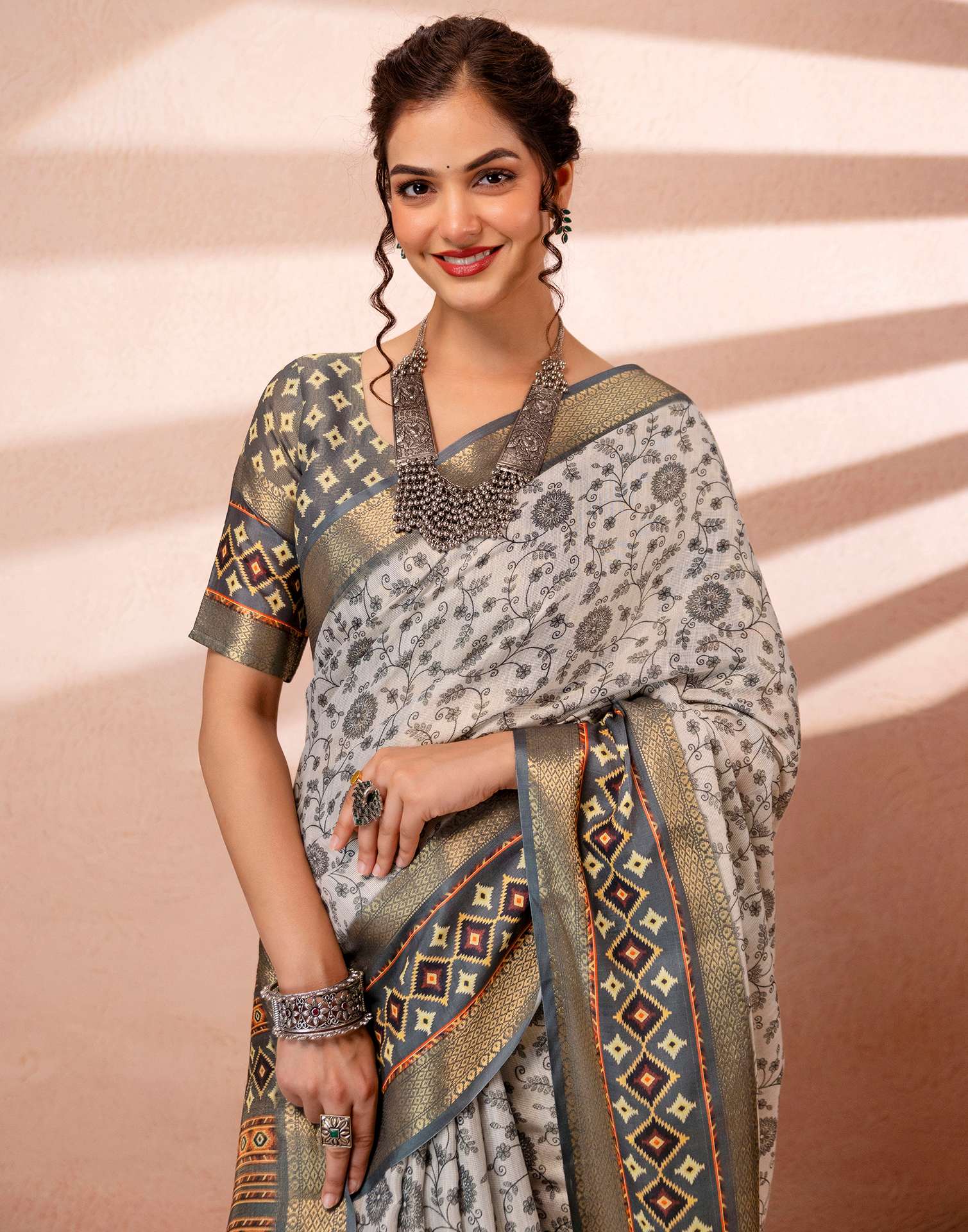 Off White Cotton Silk Printed Woven Border Saree