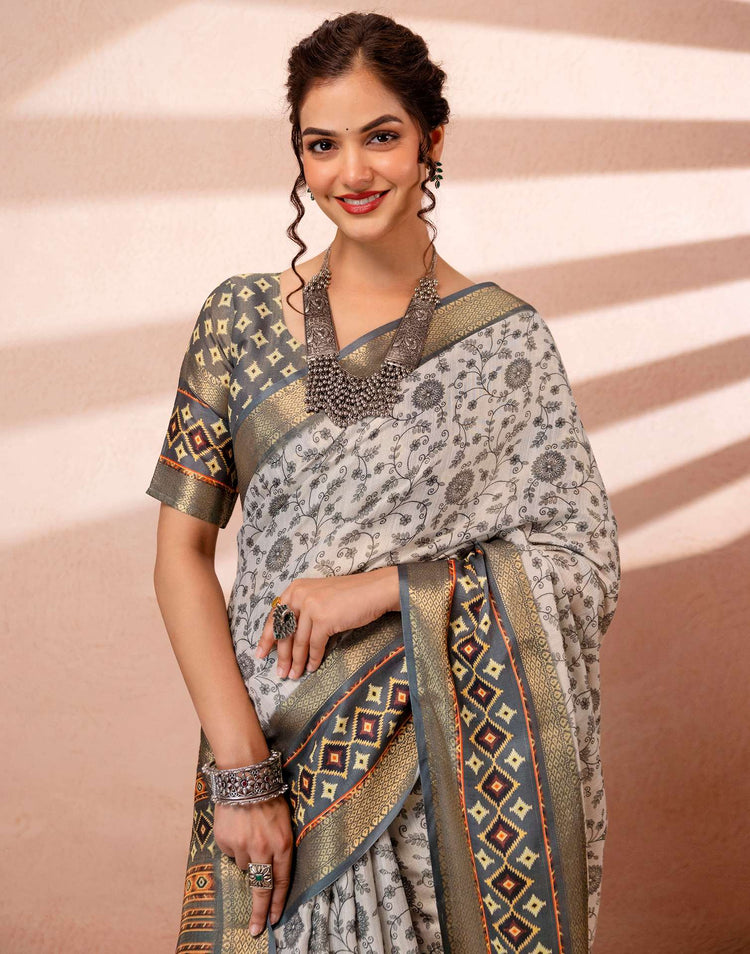 Off White Cotton Silk Printed Woven Border Saree
