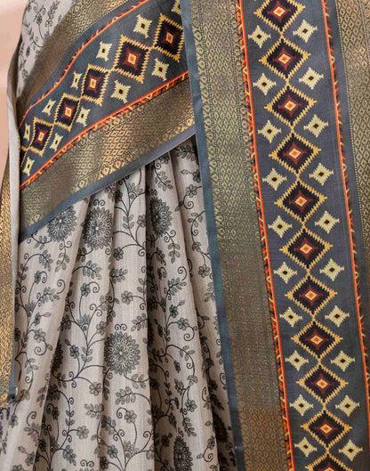 Off White Cotton Silk Printed Woven Border Saree