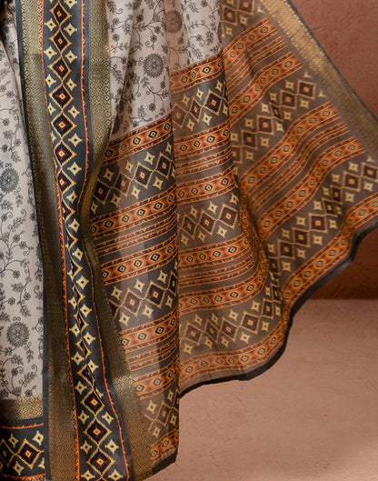 Off White Cotton Silk Printed Woven Border Saree