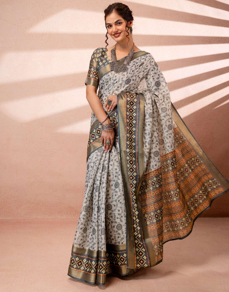 Off White Cotton Silk Printed Woven Border Saree